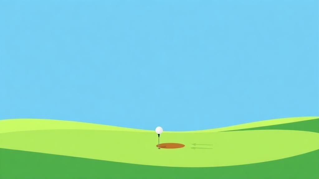 Golf ball curving in flight over a fairway